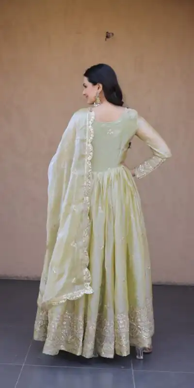 KA 1260 Light Pista Color Fendi Silk Gown with Embroidery Work & Zari Work. Now at just ₹2599. Delivery 4-6 Working Days. Shop now. | Gowns, Bollywood Gowns, Creative Gowns, Designer Gowns, Embroidered Gowns, Party Wear Gowns