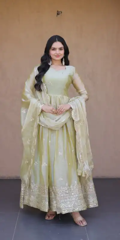 KA 1260 Light Pista Color Fendi Silk Gown with Embroidery Work & Zari Work. Now at just ₹2599. Delivery 4-6 Working Days. Shop now. | Gowns, Bollywood Gowns, Creative Gowns, Designer Gowns, Embroidered Gowns, Party Wear Gowns