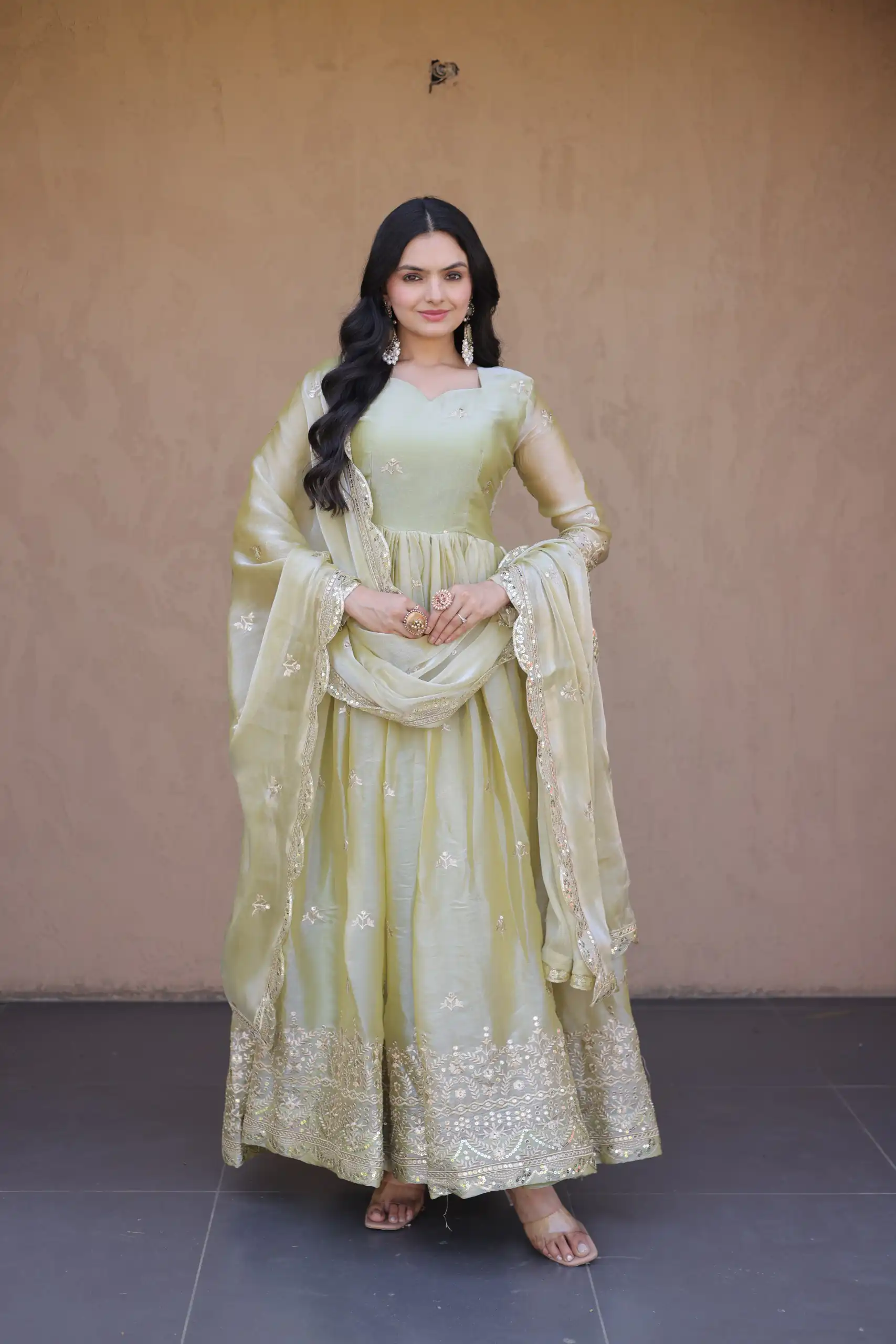 KA 1260 Light Pista Color Fendi Silk Gown with Embroidery Work & Zari Work. Now at just ₹2599. Delivery 4-6 Working Days. Shop now. | Gowns, Bollywood Gowns, Creative Gowns, Designer Gowns, Embroidered Gowns, Party Wear Gowns