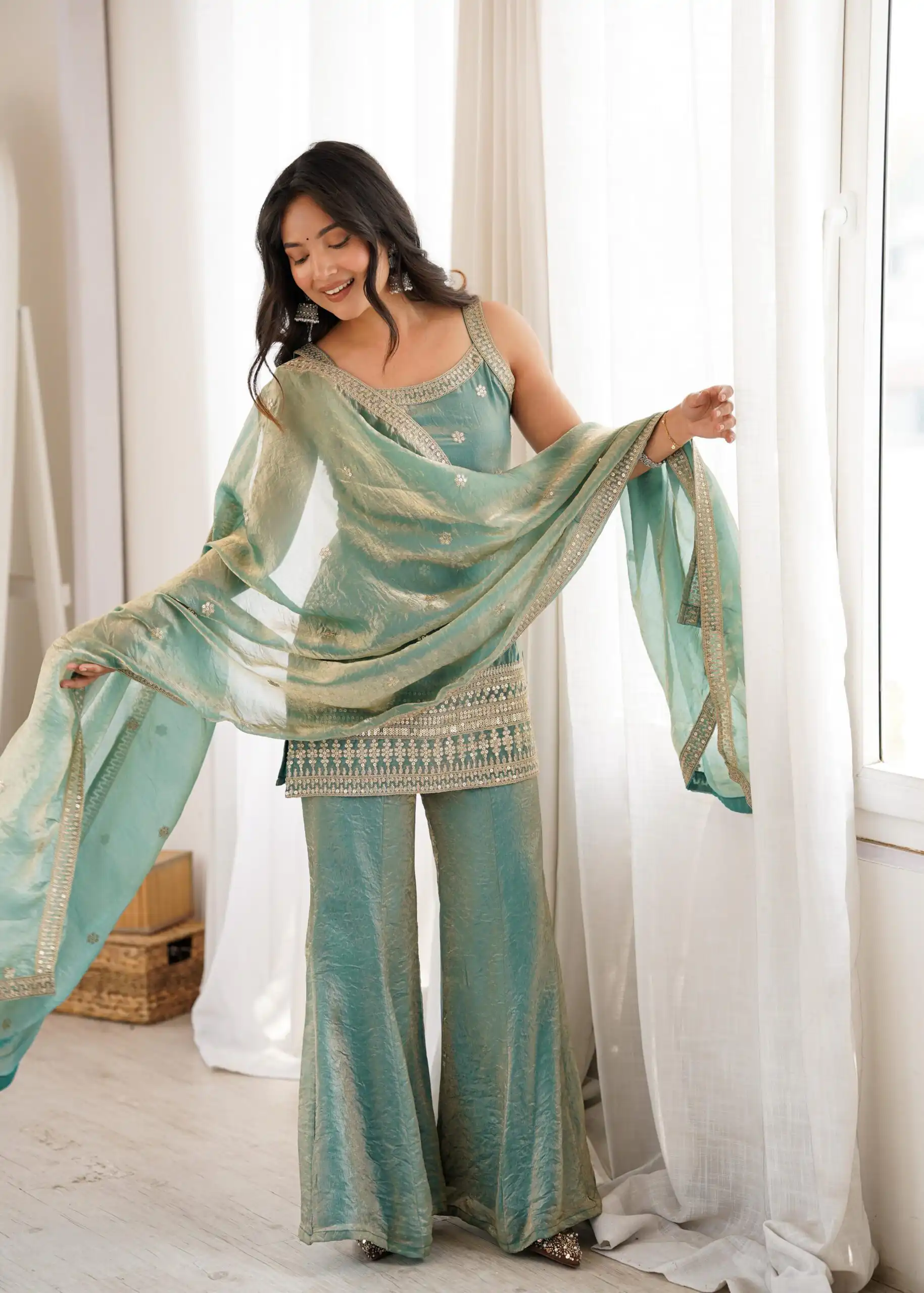 KB 302 Sea Green Fendy Silk Salwar Suit with Mirror Work & Embroidery Work. Best Price ₹2049. Delivery 4-6 Working Days. Shop now. | Jump Suits, Salwar suit, Designer Suits, Casual Suits, Creative suits, Palazzo Suits, Party Wear Suits, Patiala Suits, Straight Suits