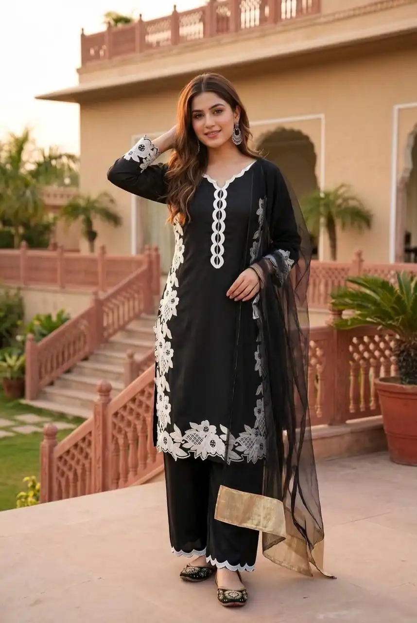 ST 213 Black Color Natural Crep Salwar Suit with Embroidery Work. Wedding, Party, Festive, Best Price ₹1899. Delivery 4-6 Working Days. Shop now. | Jump Suits, Salwar suit, Designer Suits, Casual Suits, Creative suits, Palazzo Suits, Party Wear Suits, Patiala Suits, Straight Suits