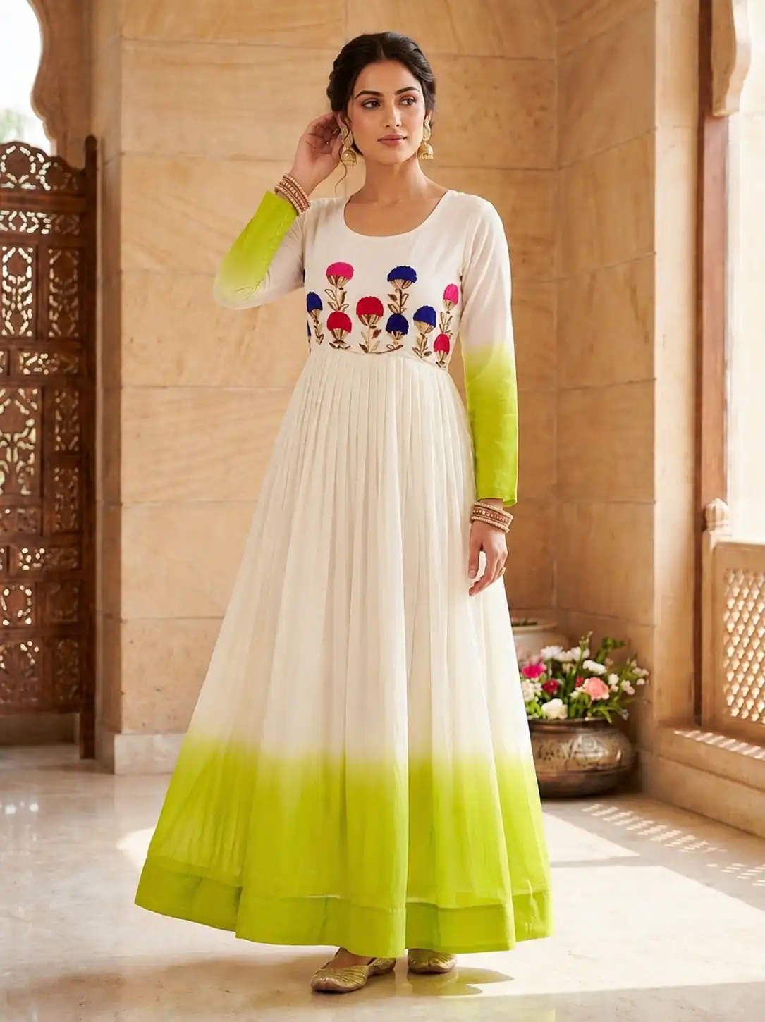 KA 1263 Green |Star Georgette Gown with Thread Embroidery & Embroidery Work. Special Price ₹1669. Delivery 4-6 Working Days. Shop now. | Gowns, Bollywood Gowns, Creative Gowns, Designer Gowns, Embroidered Gowns, Party Wear Gowns
