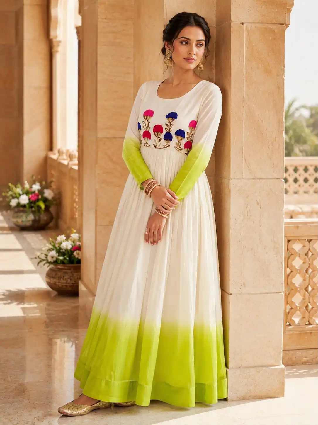 KA 1263 Green |Star Georgette Gown with Thread Embroidery & Embroidery Work. Special Price ₹1669. Delivery 4-6 Working Days. Shop now. | Gowns, Bollywood Gowns, Creative Gowns, Designer Gowns, Embroidered Gowns, Party Wear Gowns