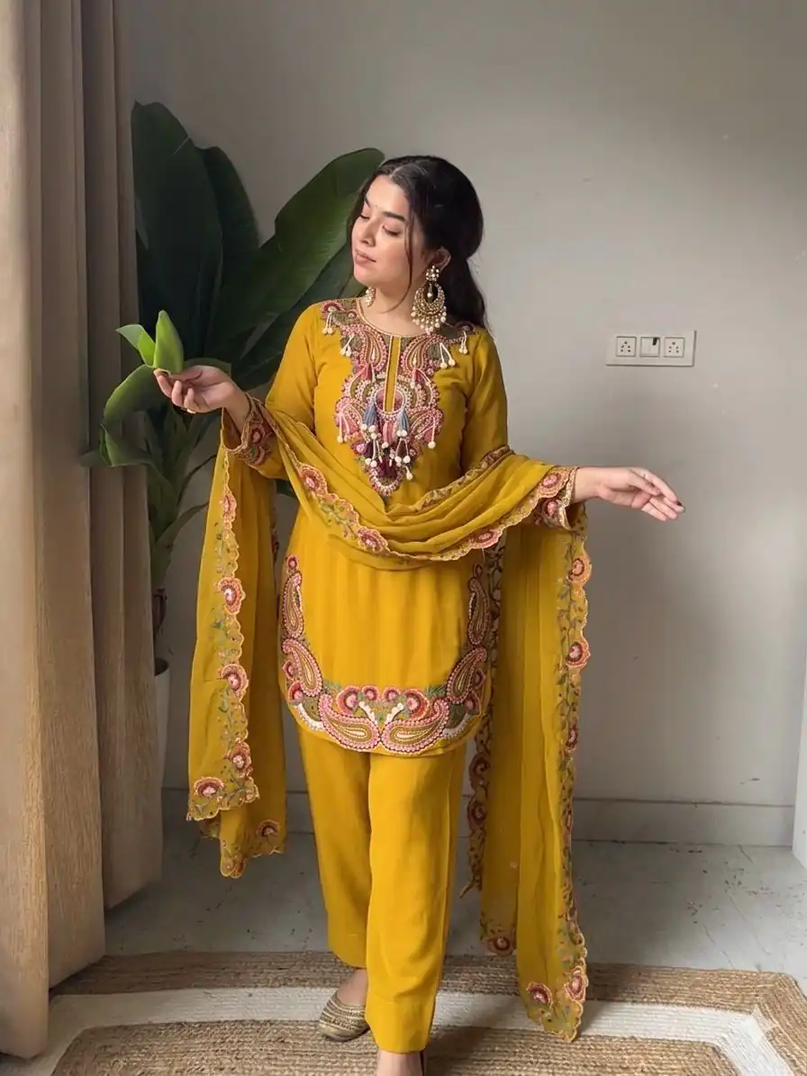SRK 5348 Mustered Color Georgette Mirror Embroidery Work Salwar Suit . Best Price ₹2399. Delivery 4-6 Working Days. Shop now. | Jump Suits, Salwar suit, Designer Suits, Casual Suits, Creative suits, Palazzo Suits, Party Wear Suits, Patiala Suits, Straight Suits