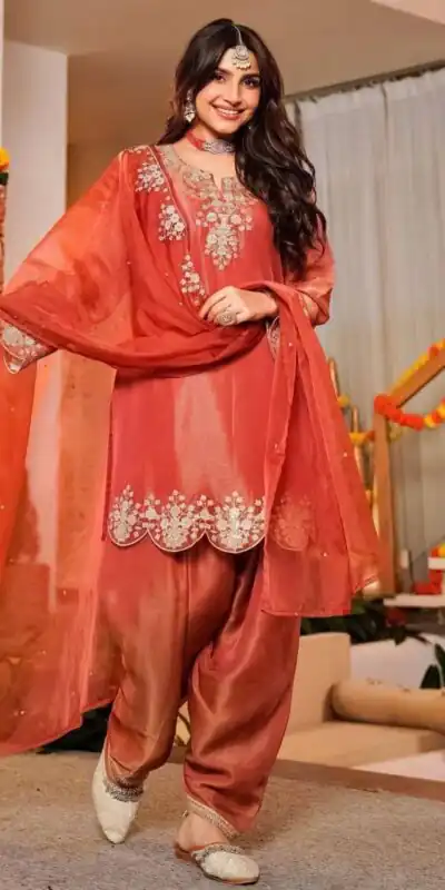 DC 116 Orange Fandy Satin Salwar Suit with Embroidery Work & Lace Work. Exclusive Offer ₹1999. Delivery 4-6 Working Days. Shop now. | Jump Suits, Salwar suit, Designer Suits, Casual Suits, Creative suits, Palazzo Suits, Party Wear Suits, Patiala Suits, Straight Suits