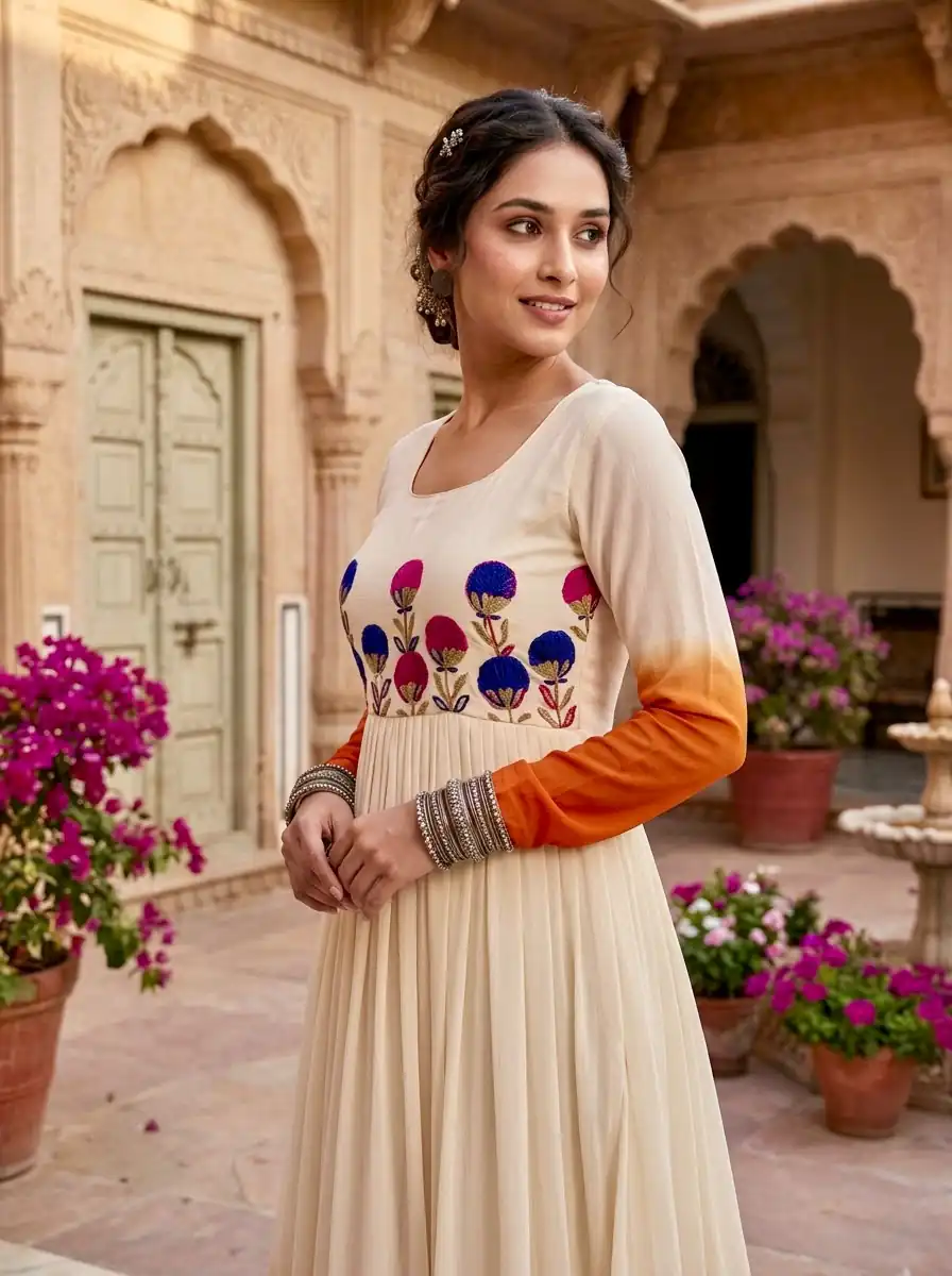 KA 1263 Orange |Star Georgette Gown with Thread Embroidery & Embroidery Work. Special Price ₹1669. Delivery 4-6 Working Days. Shop now. | Gowns, Bollywood Gowns, Creative Gowns, Designer Gowns, Embroidered Gowns, Party Wear Gowns