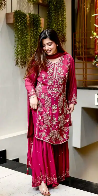 JF 027 Pink in Faux Georgette Mirror Embroidery Work Salwar Suit . Best Price ₹1949. Delivery 4-6 Working Days. Shop now. | Jump Suits, Salwar suit, Designer Suits, Casual Suits, Creative suits, Palazzo Suits, Party Wear Suits, Patiala Suits, Straight Suits
