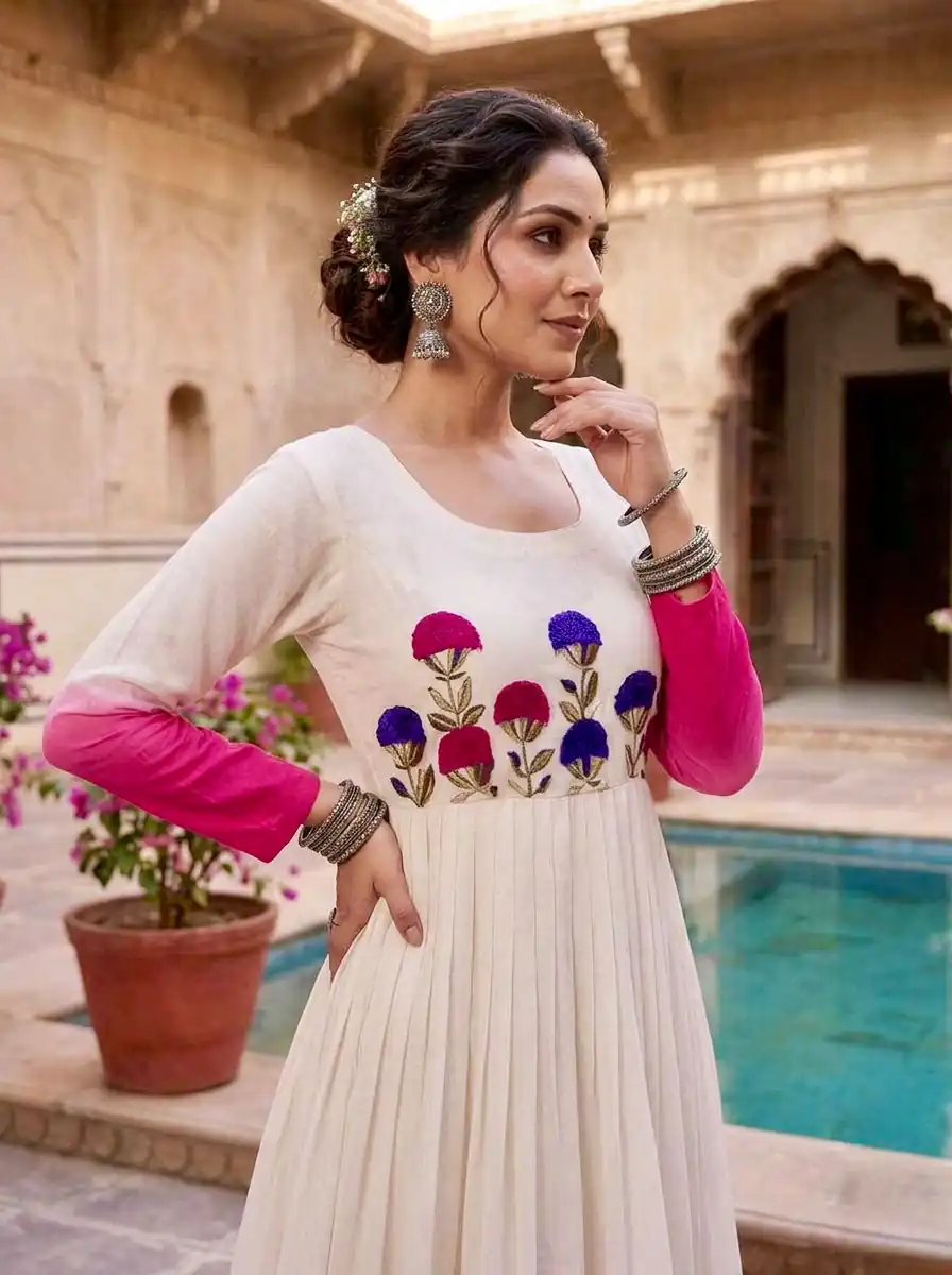 KA 1263 Pink |Star Georgette Gown with Thread Embroidery & Embroidery Work. Special Price ₹1669. Delivery 4-6 Working Days. Shop now. | Gowns, Bollywood Gowns, Creative Gowns, Designer Gowns, Embroidered Gowns, Party Wear Gowns