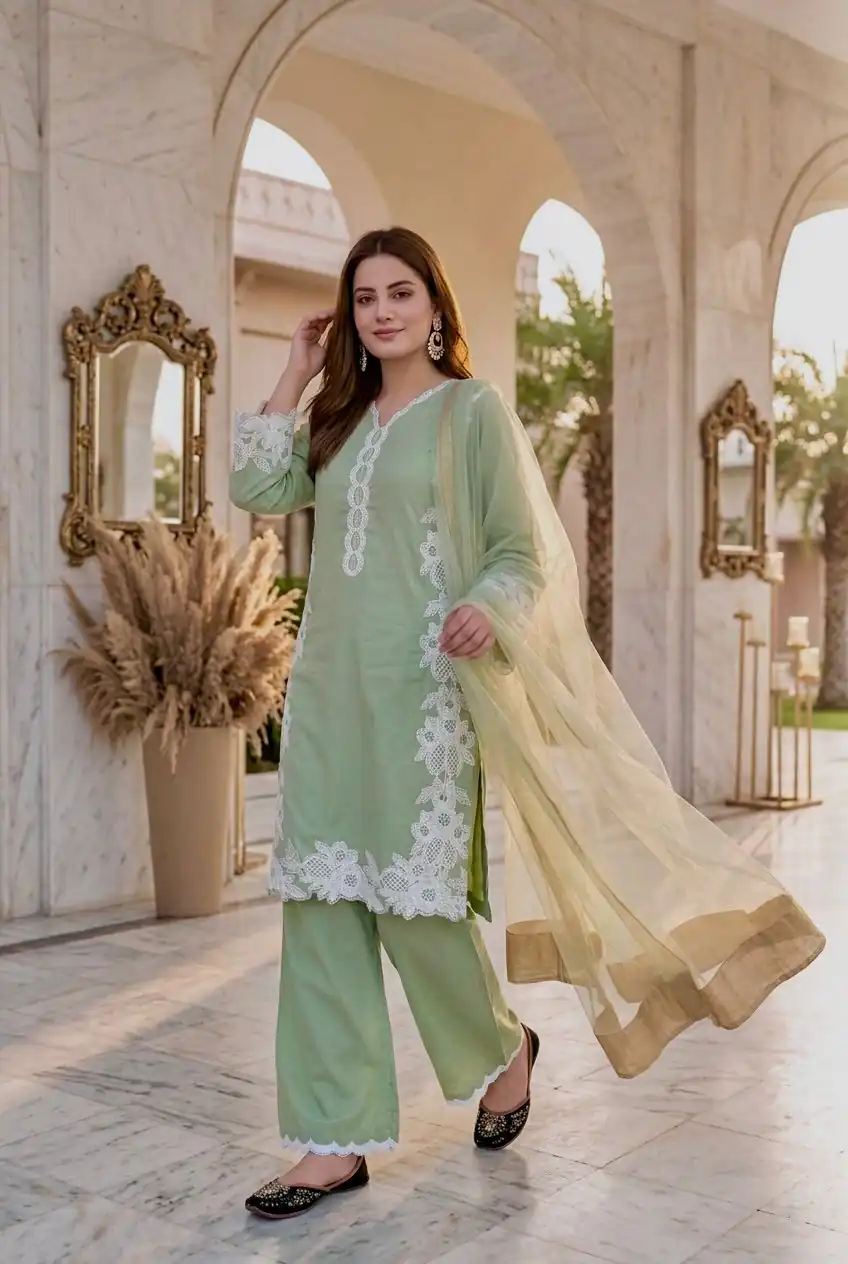 ST 213 Pista Color Natural Crep Salwar Suit with Embroidery Work. Wedding, Party, Festive, Best Price ₹1899. Delivery 4-6 Working Days. Shop now. | Jump Suits, Salwar suit, Designer Suits, Casual Suits, Creative suits, Palazzo Suits, Party Wear Suits, Patiala Suits, Straight Suits