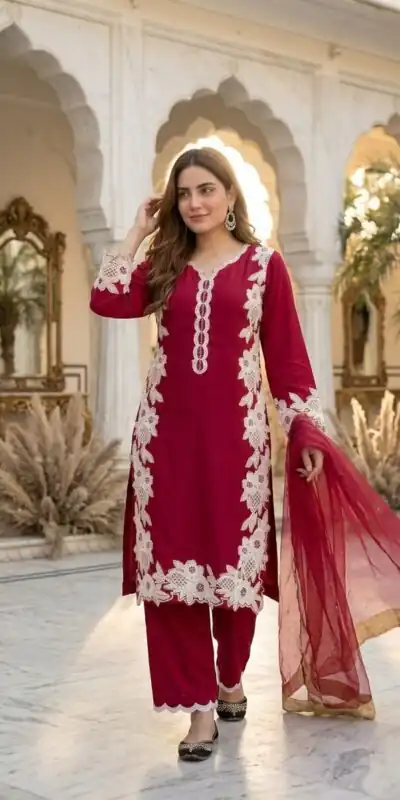ST 213 Red Color Natural Crep Salwar Suit with Embroidery Work. Wedding, Party, Festive, Best Price ₹1899. Delivery 4-6 Working Days. Shop now. | Jump Suits, Salwar suit, Designer Suits, Casual Suits, Creative suits, Palazzo Suits, Party Wear Suits, Patiala Suits, Straight Suits
