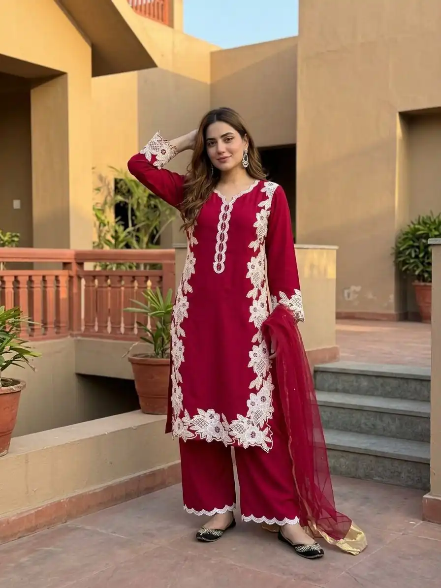 ST 213 Red Color Natural Crep Salwar Suit with Embroidery Work. Wedding, Party, Festive, Best Price ₹1899. Delivery 4-6 Working Days. Shop now. | Jump Suits, Salwar suit, Designer Suits, Casual Suits, Creative suits, Palazzo Suits, Party Wear Suits, Patiala Suits, Straight Suits