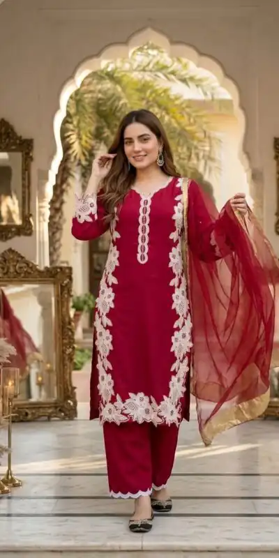 ST 213 Red Color Natural Crep Salwar Suit with Embroidery Work. Wedding, Party, Festive, Best Price ₹1899. Delivery 4-6 Working Days. Shop now. | Jump Suits, Salwar suit, Designer Suits, Casual Suits, Creative suits, Palazzo Suits, Party Wear Suits, Patiala Suits, Straight Suits