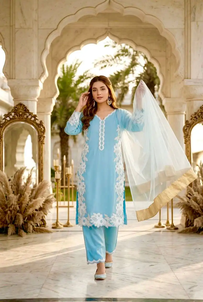 ST 213 Sky Blue Color Natural Crep Salwar Suit with Embroidery Work. Wedding, Party, Festive, Best Price ₹1899. Delivery 4-6 Working Days. Shop now. | Jump Suits, Salwar suit, Designer Suits, Casual Suits, Creative suits, Palazzo Suits, Party Wear Suits, Patiala Suits, Straight Suits