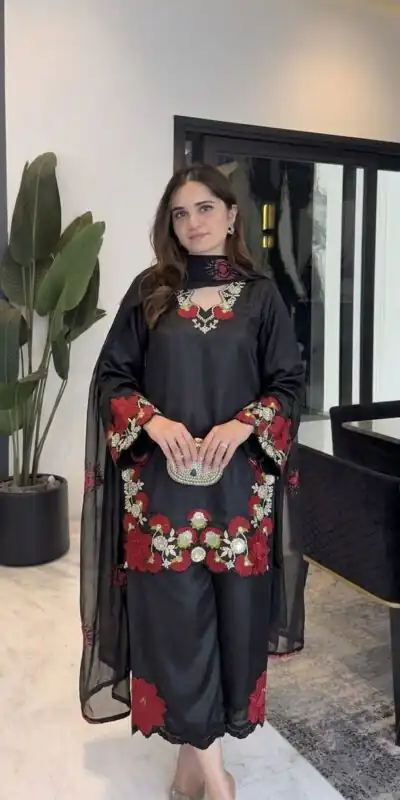 ZSR 3171 Black Color Roman Silk Salwar Suit with Embroidery Work. Available at ₹2449 only. Delivery 4-6 Working Days. Shop now. | Jump Suits, Salwar suit, Designer Suits, Casual Suits, Creative suits, Palazzo Suits, Party Wear Suits, Patiala Suits, Straight Suits