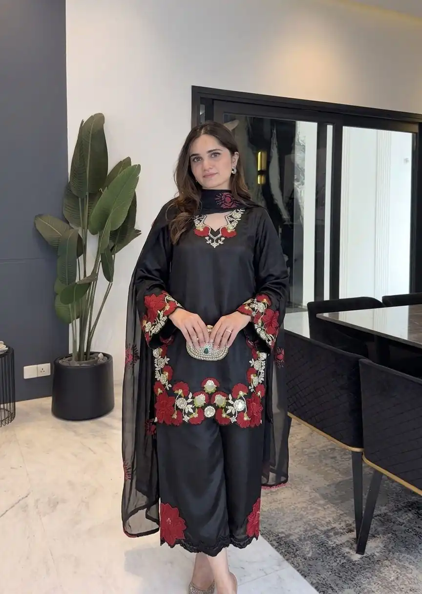 ZSR 3171 Black Color Roman Silk Salwar Suit with Embroidery Work. Available at ₹2449 only. Delivery 4-6 Working Days. Shop now. | Jump Suits, Salwar suit, Designer Suits, Casual Suits, Creative suits, Palazzo Suits, Party Wear Suits, Patiala Suits, Straight Suits