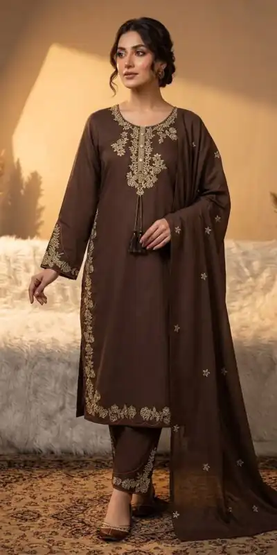 BE 473 Brown Color Roman Silk Salwar Suit with Embroidery Work. Available at ₹1999 only. Delivery 4-6 Working Days. Shop now. | Jump Suits, Salwar suit, Designer Suits, Casual Suits, Creative suits, Palazzo Suits, Party Wear Suits, Patiala Suits, Straight Suits