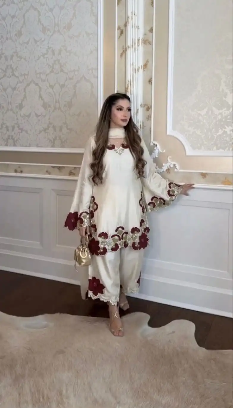 ZSR 3171 Cream Color Roman Silk Salwar Suit with Embroidery Work. Available at ₹2449 only. Delivery 4-6 Working Days. Shop now. | Jump Suits, Salwar suit, Designer Suits, Casual Suits, Creative suits, Palazzo Suits, Party Wear Suits, Patiala Suits, Straight Suits