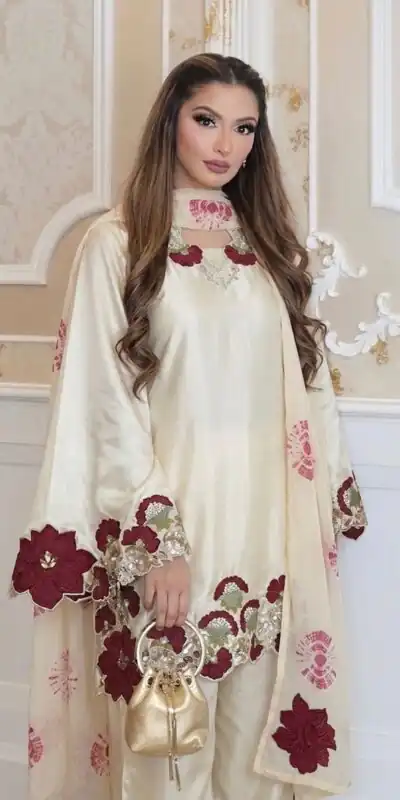 ZSR 3171 Cream Color Roman Silk Salwar Suit with Embroidery Work. Available at ₹2449 only. Delivery 4-6 Working Days. Shop now. | Jump Suits, Salwar suit, Designer Suits, Casual Suits, Creative suits, Palazzo Suits, Party Wear Suits, Patiala Suits, Straight Suits