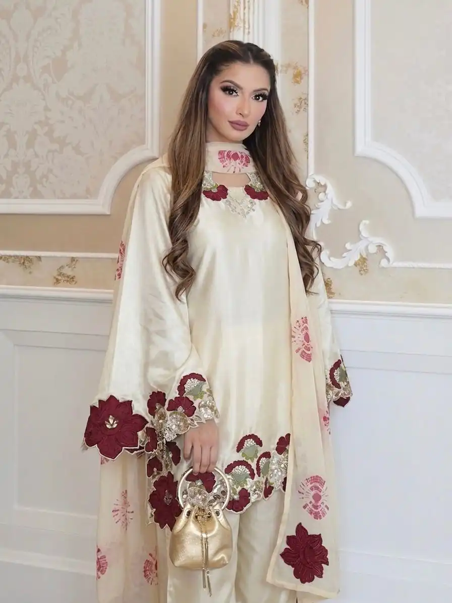 ZSR 3171 Cream Color Roman Silk Salwar Suit with Embroidery Work. Available at ₹2449 only. Delivery 4-6 Working Days. Shop now. | Jump Suits, Salwar suit, Designer Suits, Casual Suits, Creative suits, Palazzo Suits, Party Wear Suits, Patiala Suits, Straight Suits