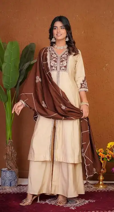 DIVA 152 Cream Color Roman Silk Salwar Suit with Embroidery Work. Available at ₹2399 only. Delivery 4-6 Working Days. Shop now. | Jump Suits, Salwar suit, Designer Suits, Casual Suits, Creative suits, Palazzo Suits, Party Wear Suits, Patiala Suits, Straight Suits