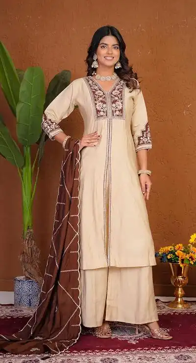 DIVA 152 Cream Color Roman Silk Salwar Suit with Embroidery Work. Available at ₹2399 only. Delivery 4-6 Working Days. Shop now. | Jump Suits, Salwar suit, Designer Suits, Casual Suits, Creative suits, Palazzo Suits, Party Wear Suits, Patiala Suits, Straight Suits