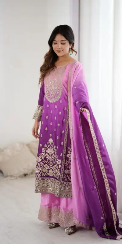 KD 1621 Purple Shaded Chinon silk Salwar Suit with Thread Embroidery. Festive Deal ₹2399. Delivery 4-6 Working Days. Shop now. | Jump Suits, Salwar suit, Designer Suits, Casual Suits, Creative suits, Palazzo Suits, Party Wear Suits, Patiala Suits, Straight Suits