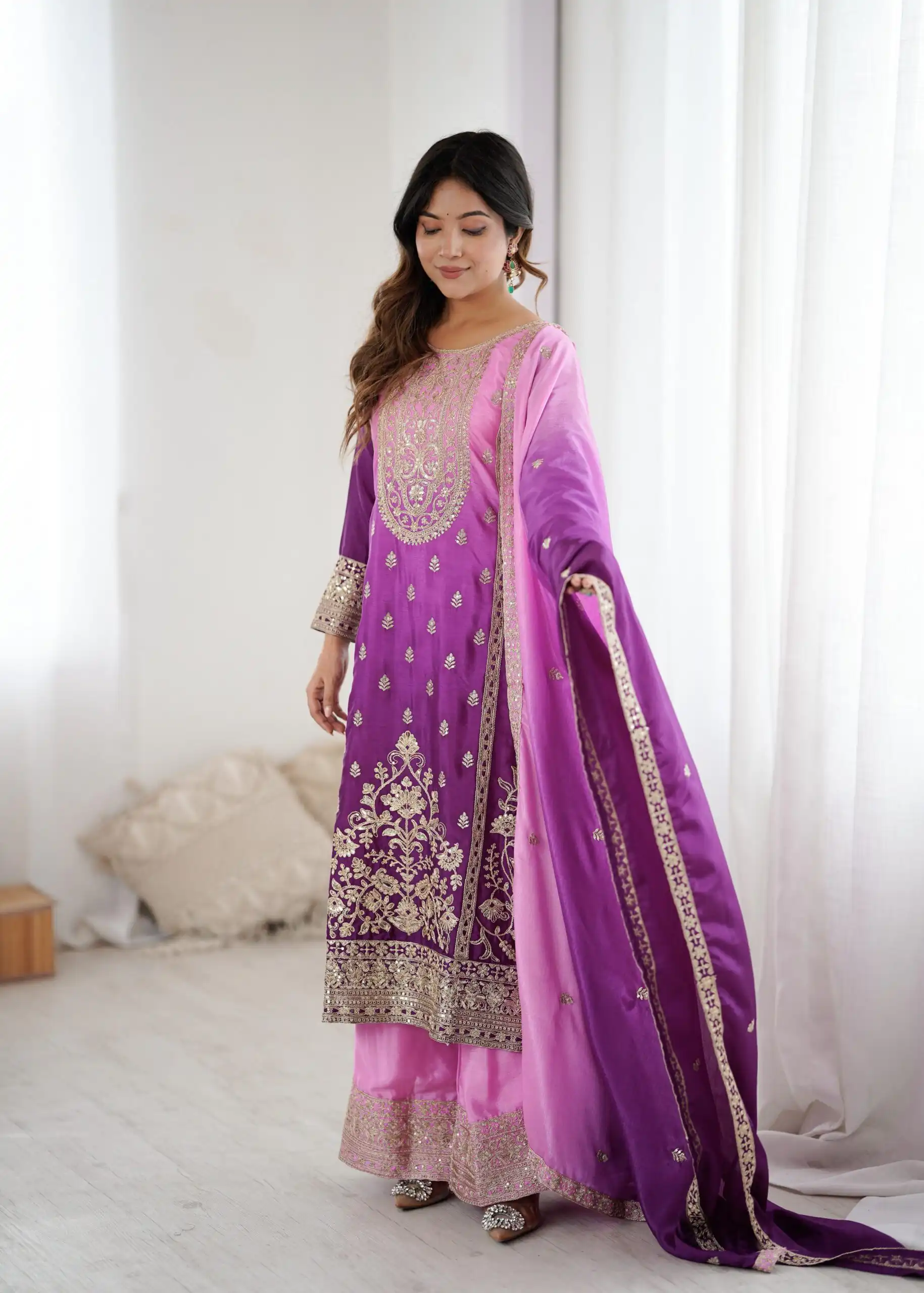 KD 1621 Purple Shaded Chinon silk Salwar Suit with Thread Embroidery. Festive Deal ₹2399. Delivery 4-6 Working Days. Shop now. | Jump Suits, Salwar suit, Designer Suits, Casual Suits, Creative suits, Palazzo Suits, Party Wear Suits, Patiala Suits, Straight Suits