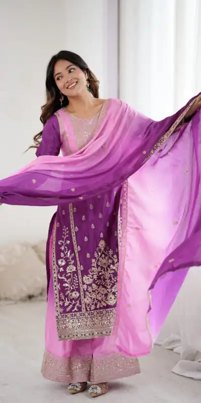 KD 1621 Purple Shaded Chinon silk Salwar Suit with Thread Embroidery. Festive Deal ₹2399. Delivery 4-6 Working Days. Shop now. | Jump Suits, Salwar suit, Designer Suits, Casual Suits, Creative suits, Palazzo Suits, Party Wear Suits, Patiala Suits, Straight Suits