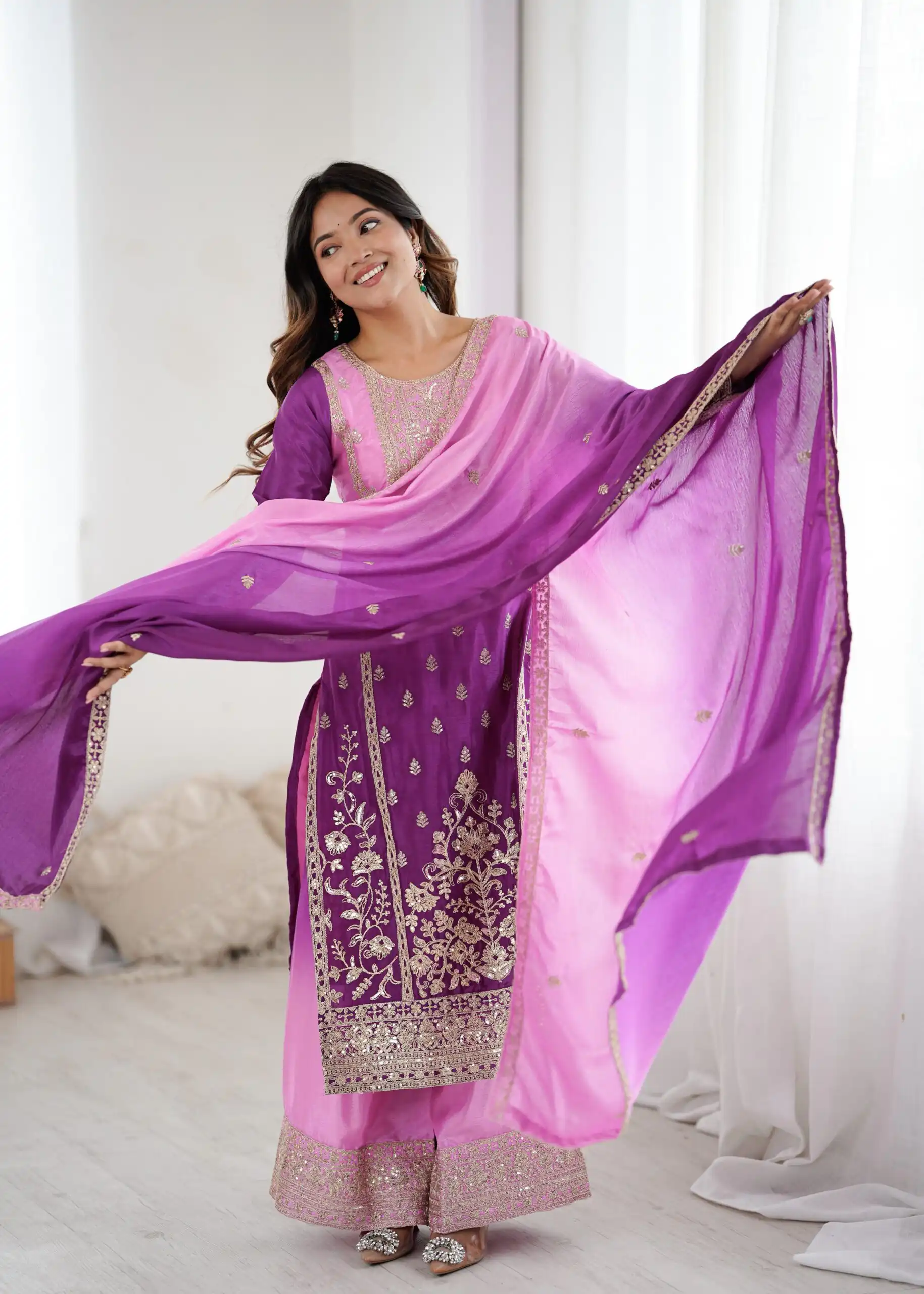KD 1621 Purple Shaded Chinon silk Salwar Suit with Thread Embroidery. Festive Deal ₹2399. Delivery 4-6 Working Days. Shop now. | Jump Suits, Salwar suit, Designer Suits, Casual Suits, Creative suits, Palazzo Suits, Party Wear Suits, Patiala Suits, Straight Suits