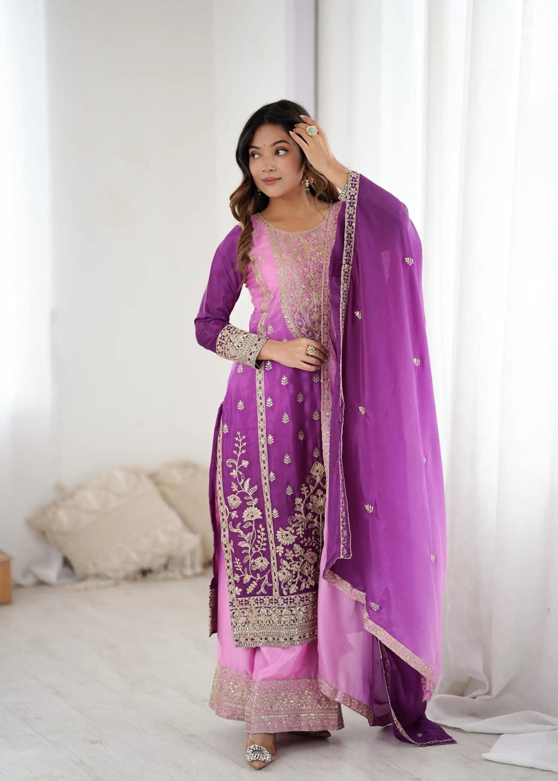KD 1621 Purple Shaded Chinon silk Salwar Suit with Thread Embroidery. Festive Deal ₹2399. Delivery 4-6 Working Days. Shop now. | Jump Suits, Salwar suit, Designer Suits, Casual Suits, Creative suits, Palazzo Suits, Party Wear Suits, Patiala Suits, Straight Suits
