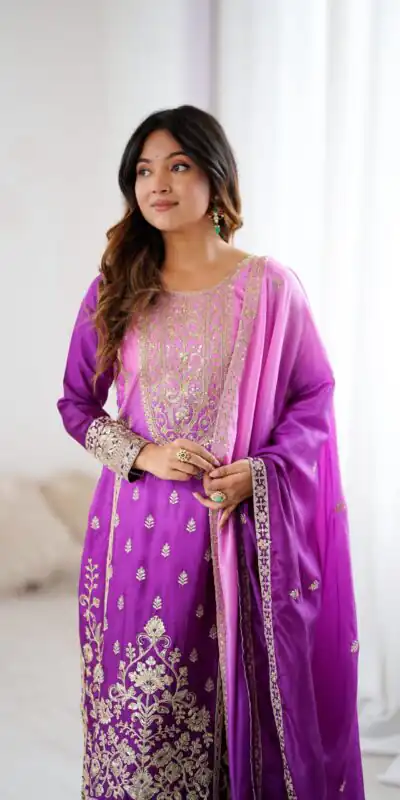 KD 1621 Purple Shaded Chinon silk Salwar Suit with Thread Embroidery. Festive Deal ₹2399. Delivery 4-6 Working Days. Shop now. | Jump Suits, Salwar suit, Designer Suits, Casual Suits, Creative suits, Palazzo Suits, Party Wear Suits, Patiala Suits, Straight Suits
