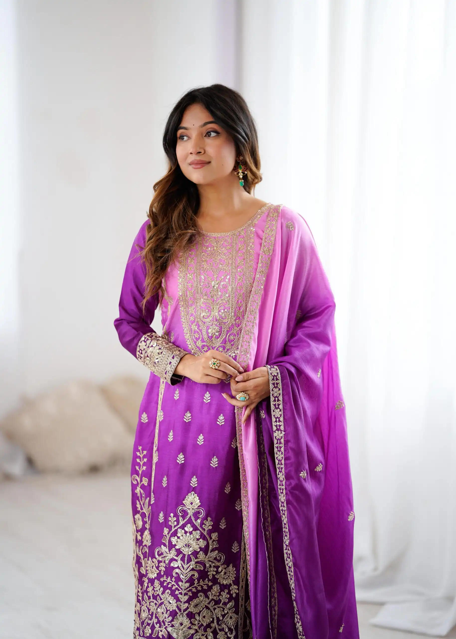 KD 1621 Purple Shaded Chinon silk Salwar Suit with Thread Embroidery. Festive Deal ₹2399. Delivery 4-6 Working Days. Shop now. | Jump Suits, Salwar suit, Designer Suits, Casual Suits, Creative suits, Palazzo Suits, Party Wear Suits, Patiala Suits, Straight Suits