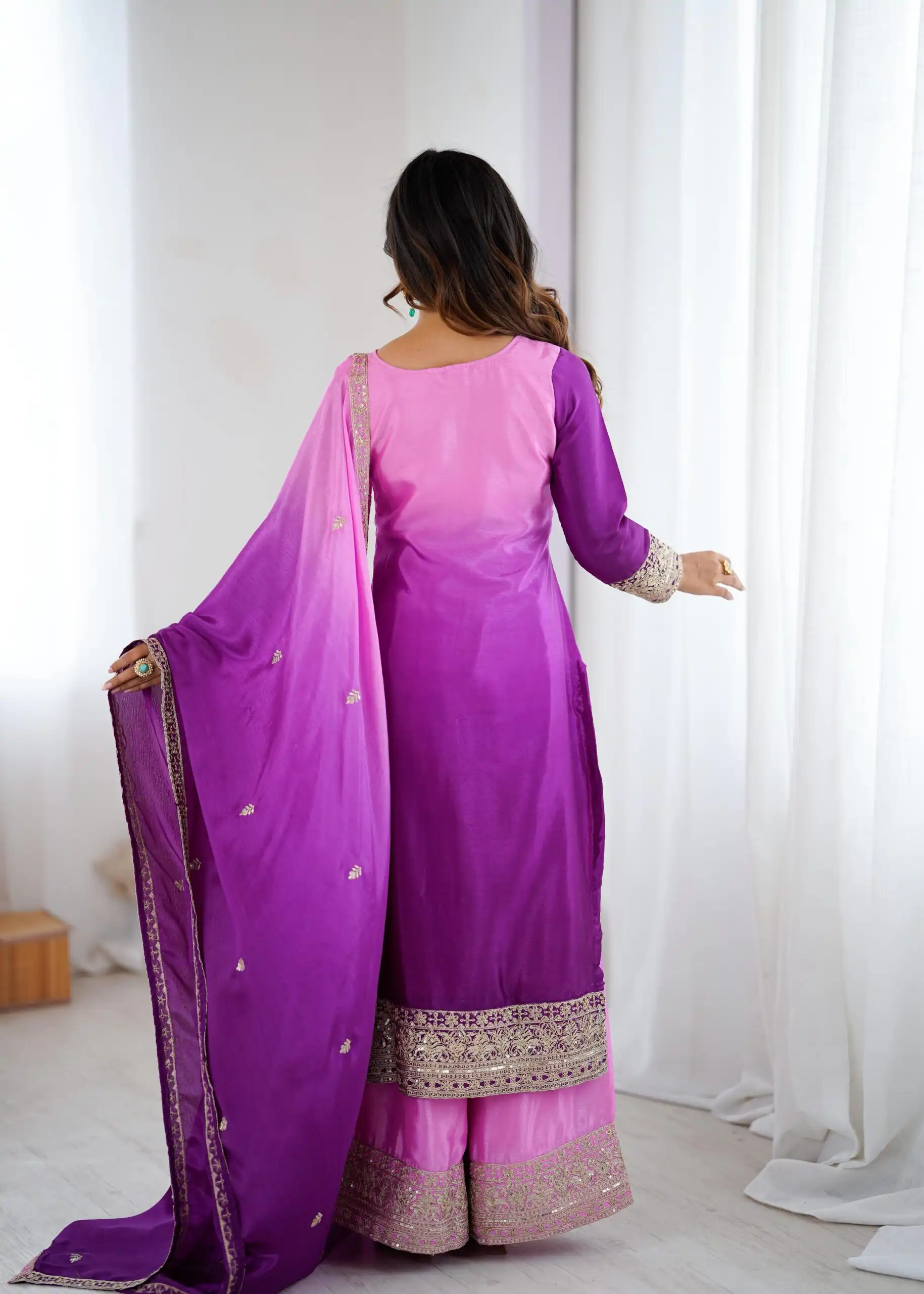 KD 1621 Purple Shaded Chinon silk Salwar Suit with Thread Embroidery. Festive Deal ₹2399. Delivery 4-6 Working Days. Shop now. | Jump Suits, Salwar suit, Designer Suits, Casual Suits, Creative suits, Palazzo Suits, Party Wear Suits, Patiala Suits, Straight Suits
