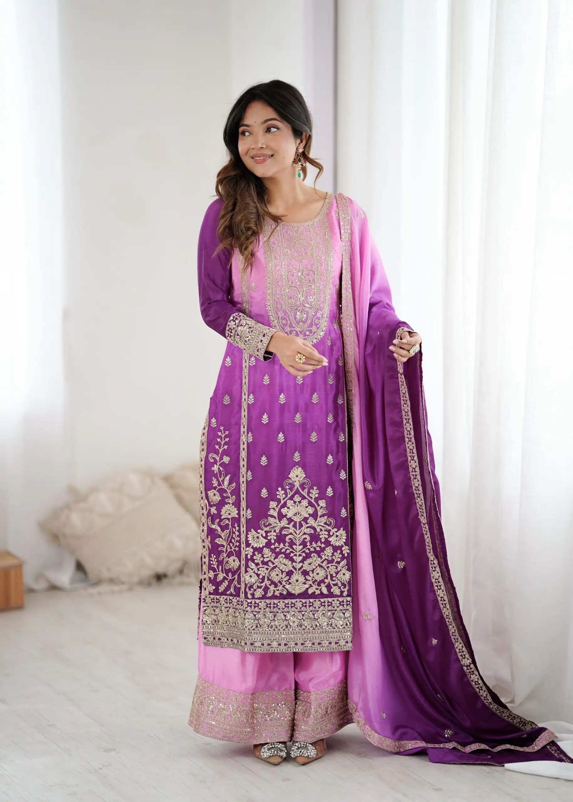 KD 1621 Purple Shaded Chinon silk Salwar Suit with Thread Embroidery. Festive Deal ₹2399. Delivery 4-6 Working Days. Shop now. | Jump Suits, Salwar suit, Designer Suits, Casual Suits, Creative suits, Palazzo Suits, Party Wear Suits, Patiala Suits, Straight Suits