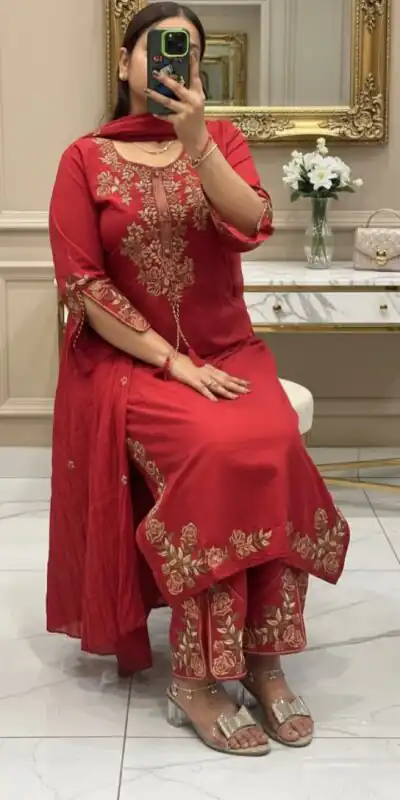 BE 473 Red Color Roman Silk Salwar Suit with Embroidery Work. Available at ₹1999 only. Delivery 4-6 Working Days. Shop now. | Jump Suits, Salwar suit, Designer Suits, Casual Suits, Creative suits, Palazzo Suits, Party Wear Suits, Patiala Suits, Straight Suits