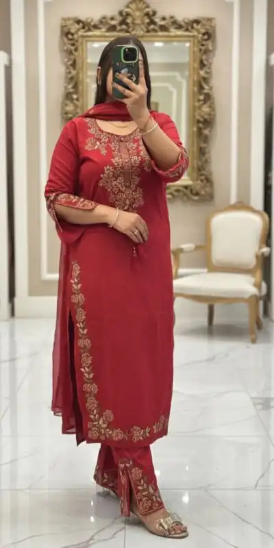 BE 473 Red Color Roman Silk Salwar Suit with Embroidery Work. Available at ₹1999 only. Delivery 4-6 Working Days. Shop now. | Jump Suits, Salwar suit, Designer Suits, Casual Suits, Creative suits, Palazzo Suits, Party Wear Suits, Patiala Suits, Straight Suits