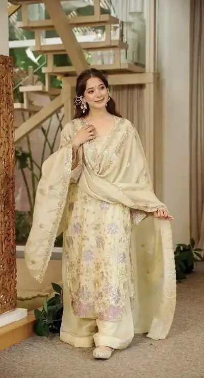 RTC 6030 Cream Vichitra Silk Salwar Suit with Embroidery Work. Wedding, Party, Festive, Events, Grab it for ₹2649. Delivery 4-6 Working Days. Shop now. | Jump Suits, Salwar suit, Designer Suits, Casual Suits, Creative suits, Palazzo Suits, Party Wear Suits, Patiala Suits, Straight Suits