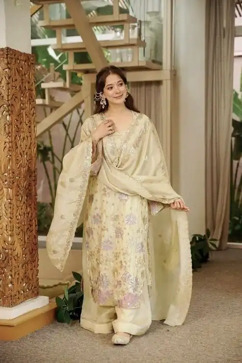 RTC 6030 Cream Vichitra Silk Salwar Suit with Embroidery Work. Wedding, Party, Festive, Events, Grab it for ₹2649. Delivery 4-6 Working Days. Shop now. | Jump Suits, Salwar suit, Designer Suits, Casual Suits, Creative suits, Palazzo Suits, Party Wear Suits, Patiala Suits, Straight Suits