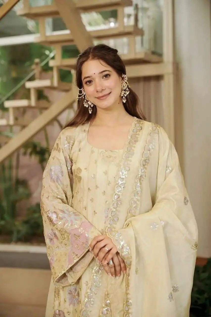 RTC 6030 Cream Vichitra Silk Salwar Suit with Embroidery Work. Wedding, Party, Festive, Events, Grab it for ₹2649. Delivery 4-6 Working Days. Shop now. | Jump Suits, Salwar suit, Designer Suits, Casual Suits, Creative suits, Palazzo Suits, Party Wear Suits, Patiala Suits, Straight Suits