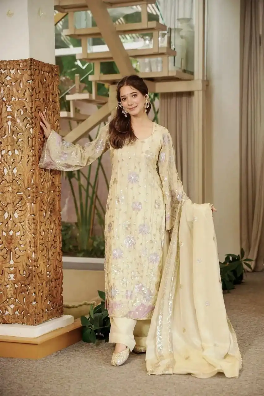 RTC 6030 Cream Vichitra Silk Salwar Suit with Embroidery Work. Wedding, Party, Festive, Events, Grab it for ₹2649. Delivery 4-6 Working Days. Shop now. | Jump Suits, Salwar suit, Designer Suits, Casual Suits, Creative suits, Palazzo Suits, Party Wear Suits, Patiala Suits, Straight Suits
