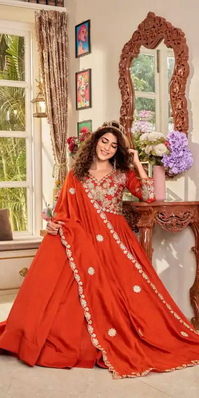 Ram 176 Orange Vichitra Silk Gown Perfect for Wedding, Party, Holi, Anniversary, Mehendi –. Grab it for ₹2049. Delivery 4-6 Working Days. Shop now. | Gowns, Bollywood Gowns, Creative Gowns, Designer Gowns, Embroidered Gowns, Party Wear Gowns
