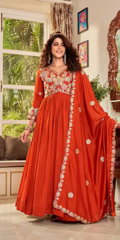Ram 176 Orange Vichitra Silk Gown Perfect for Wedding, Party, Holi, Anniversary, Mehendi –. Grab it for ₹2049. Delivery 4-6 Working Days. Shop now. | Gowns, Bollywood Gowns, Creative Gowns, Designer Gowns, Embroidered Gowns, Party Wear Gowns