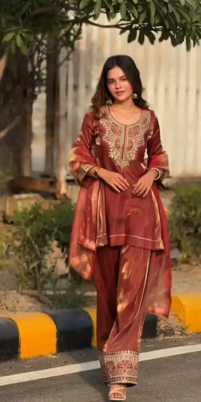 NF 1285 Rust Fandy Silk Salwar Suit with Lace Work & Embroidery Work. Introductory Price ₹2149. Delivery 4-6 Working Days. Shop now. | Jump Suits, Salwar suit, Designer Suits, Casual Suits, Creative suits, Palazzo Suits, Party Wear Suits, Patiala Suits, Straight Suits