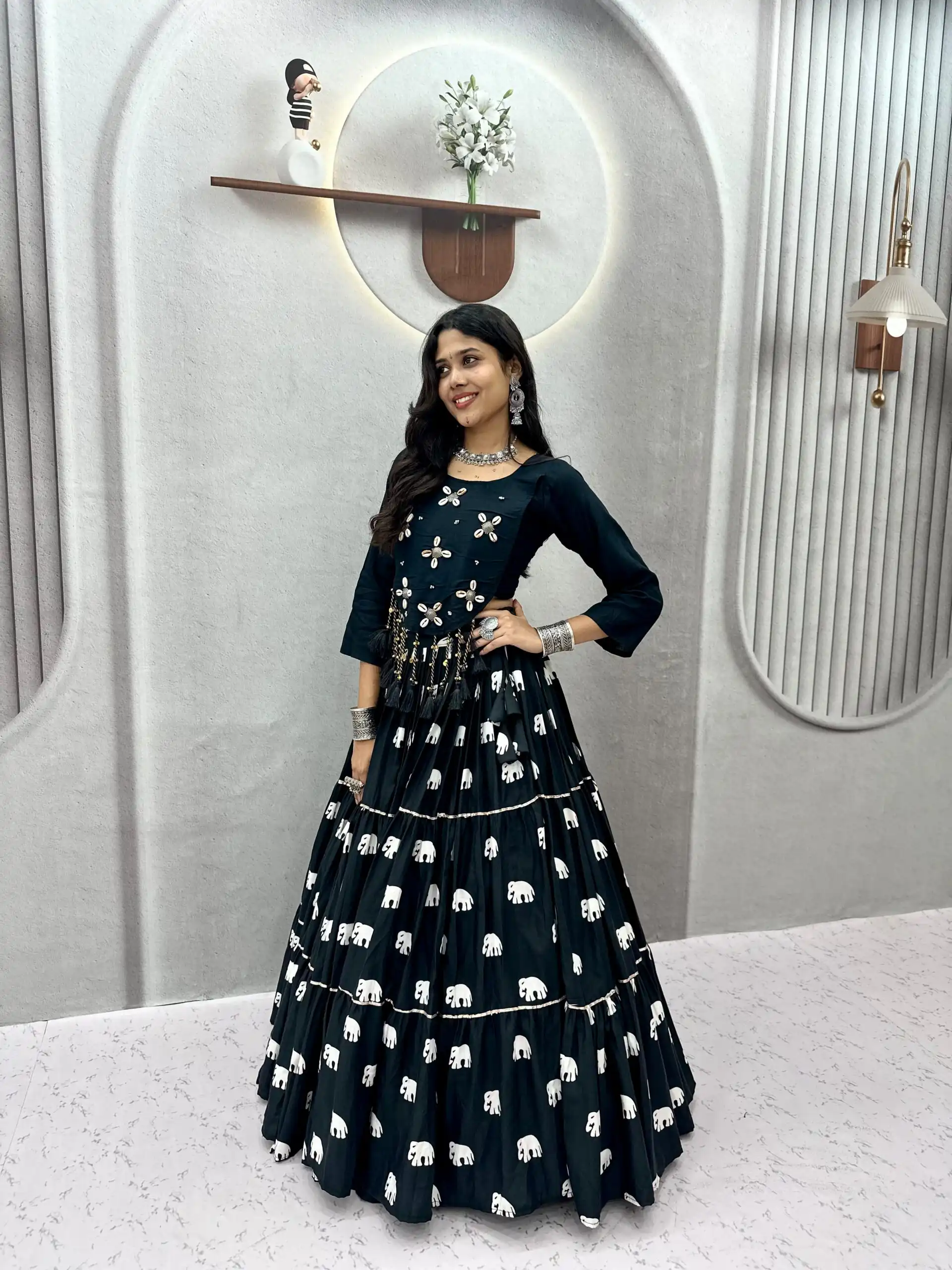 Ram 181 Black Color Pure Cotton Lehenga Choli with Cowrie Work. Festive Deal ₹2649. Delivery 4-6 Working Days. Online Shop now. | Lehenga, Bollywood Lehenga, Creative Lehenga, Designer Lehenga, Embroidered Lehenga, Party Wear Lehenga