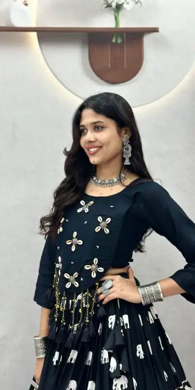 Ram 181 Black Color Pure Cotton Lehenga Choli with Cowrie Work. Festive Deal ₹2649. Delivery 4-6 Working Days. Online Shop now. | Lehenga, Bollywood Lehenga, Creative Lehenga, Designer Lehenga, Embroidered Lehenga, Party Wear Lehenga