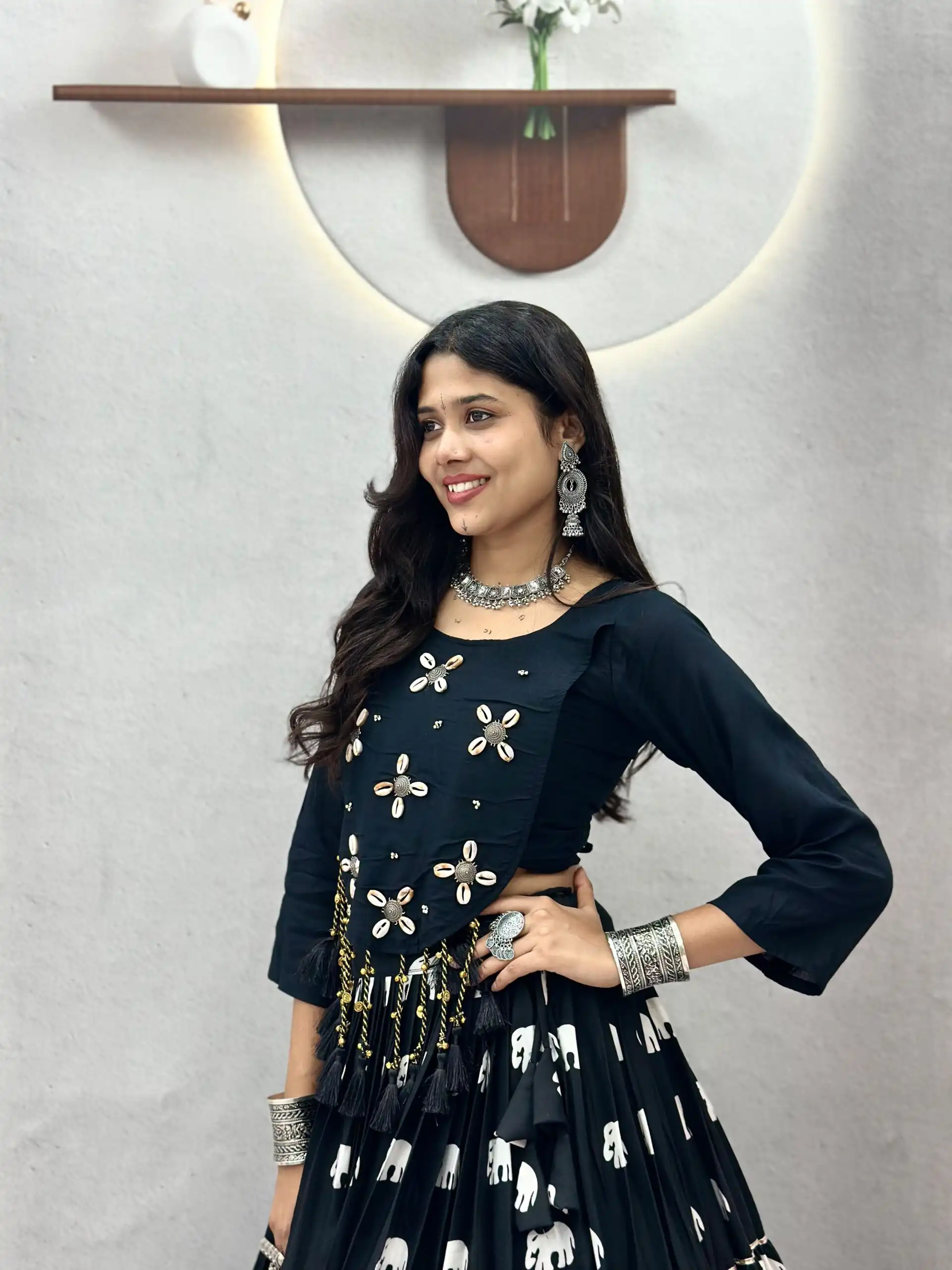 Ram 181 Black Color Pure Cotton Lehenga Choli with Cowrie Work. Festive Deal ₹2649. Delivery 4-6 Working Days. Online Shop now. | Lehenga, Bollywood Lehenga, Creative Lehenga, Designer Lehenga, Embroidered Lehenga, Party Wear Lehenga