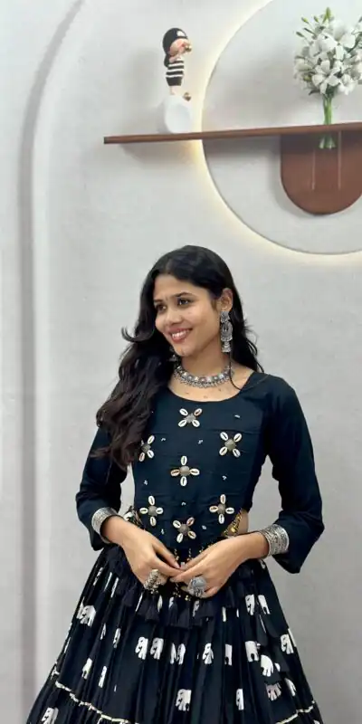 Ram 181 Black Color Pure Cotton Lehenga Choli with Cowrie Work. Festive Deal ₹2649. Delivery 4-6 Working Days. Online Shop now. | Lehenga, Bollywood Lehenga, Creative Lehenga, Designer Lehenga, Embroidered Lehenga, Party Wear Lehenga