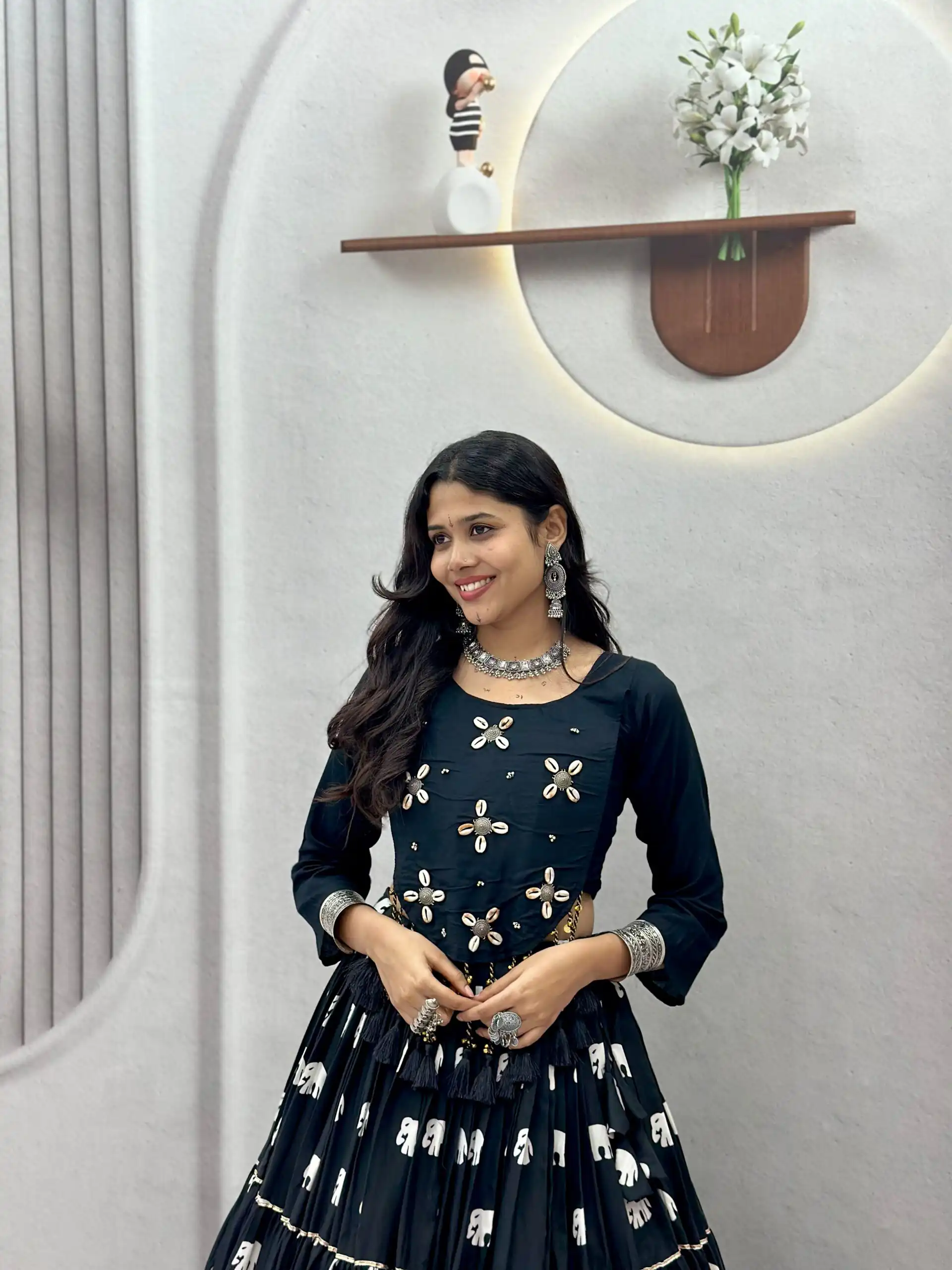 Ram 181 Black Color Pure Cotton Lehenga Choli with Cowrie Work. Festive Deal ₹2649. Delivery 4-6 Working Days. Online Shop now. | Lehenga, Bollywood Lehenga, Creative Lehenga, Designer Lehenga, Embroidered Lehenga, Party Wear Lehenga