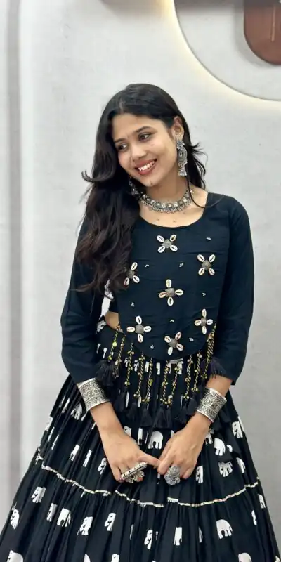 Ram 181 Black Color Pure Cotton Lehenga Choli with Cowrie Work. Festive Deal ₹2649. Delivery 4-6 Working Days. Online Shop now. | Lehenga, Bollywood Lehenga, Creative Lehenga, Designer Lehenga, Embroidered Lehenga, Party Wear Lehenga