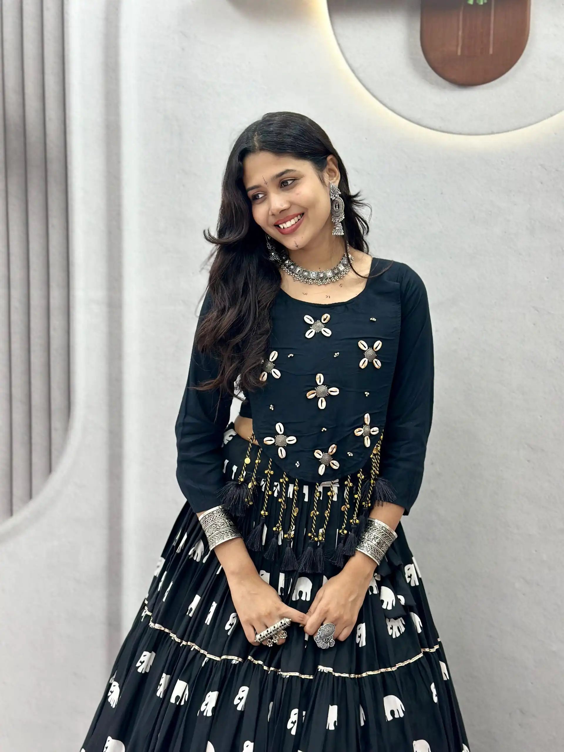 Ram 181 Black Color Pure Cotton Lehenga Choli with Cowrie Work. Festive Deal ₹2649. Delivery 4-6 Working Days. Online Shop now. | Lehenga, Bollywood Lehenga, Creative Lehenga, Designer Lehenga, Embroidered Lehenga, Party Wear Lehenga